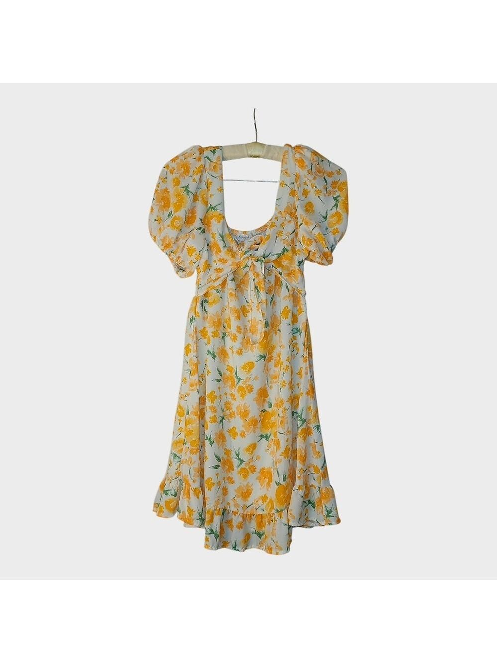 Yellow & White Floral Smocked Top Spring Summer Mini Dress S Garden Fairy